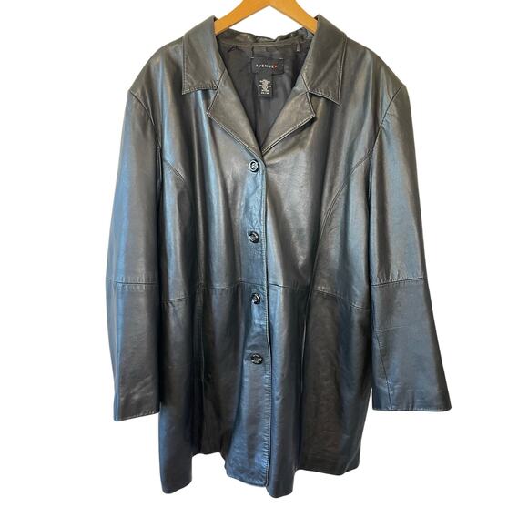 Avenue Soft Genuine Leather Black Collared Button Up Long Plus Size Jacket 22/24 - Picture 2 of 16